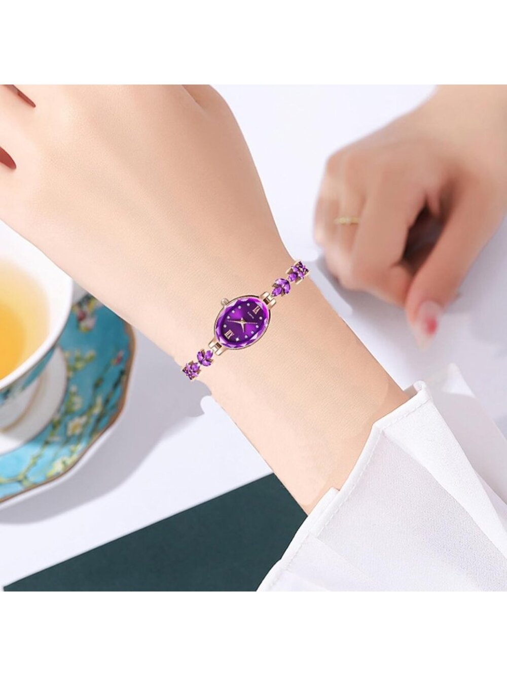 Women's Purple Luxury Petal Casual Bracelet Simulated Quartz Elegant Wrist Watch - Picture 5 of 6